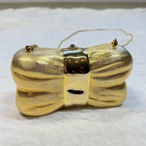 Vintage Saks Fifth Avenue Italy Bow Clamshell Gold Clutch Evening Bag - Picture 1 of 11